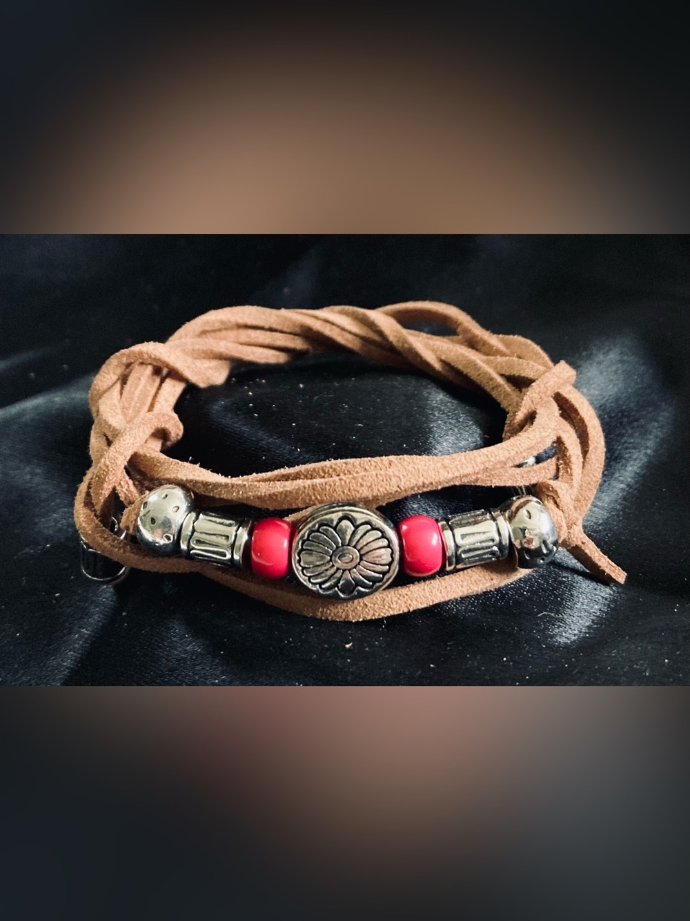 Brown Suede Wrap Bracelet w/ Pink Beads Floral Metal Accent